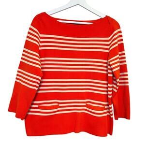 J Crew Womens Popover Sweater Size L Orange Striped Pockets Boat Neck Stretch